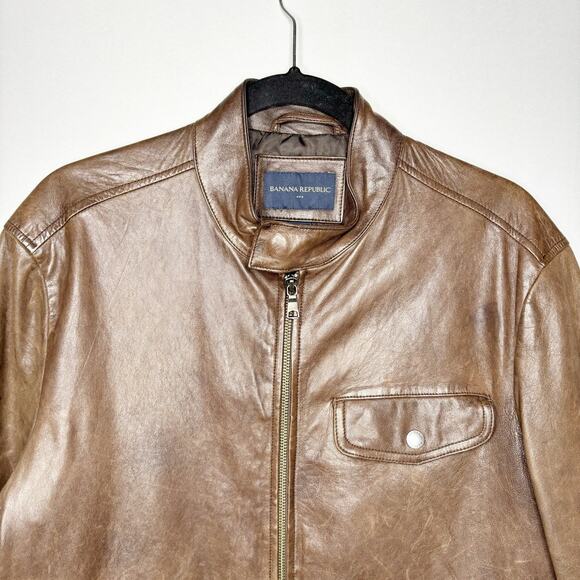 Banana Republic Brown Leather Bomber Jacket Mens M Full Zip Band Collar Lined - Picture 2 of 13